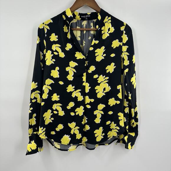 David Lerner Blouse Womens XS Black Yellow Floral Office Career Bright Button - Picture 1 of 10